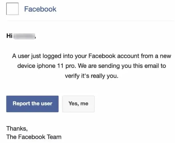 Μη εξουσιοδοτημένη ειδοποίηση σύνδεσης με θέμα το Facebook phishing (Πηγή - Trellix)